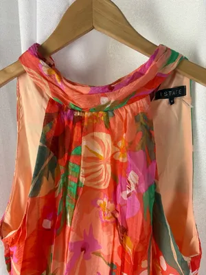 1. State pink, orange and green leaf halter‎ mini dress Size Medium NWT thumbnail 3