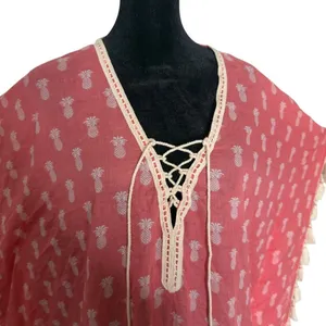Coral Pink Pineapple Print Swim Cover Up Poncho Size S M Tassels Beach Resort thumbnail 2