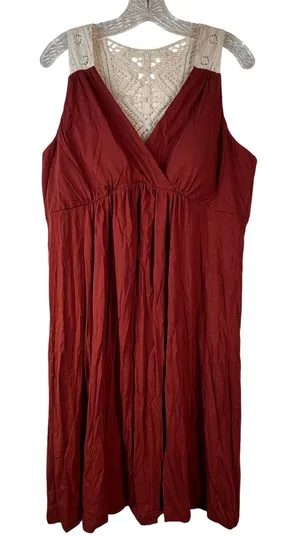 ELLE Rust Red Crochet Lace Yoke Empire Waist Sleeveless Knit Dress XL‎ thumbnail 1