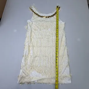 White Sleeveless Flapper-Style Fringe Mini Dress with Gold Sequin Neckline thumbnail 4