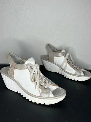 Fly London White & Solver Yedu Lace Up Peep Toe Wedge Sandals Size EU 39 thumbnail 2