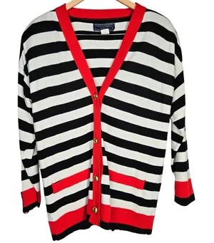 Norton McNaughton Petites‎ Black White Red Striped Button Front Cardigan Sweater thumbnail 1