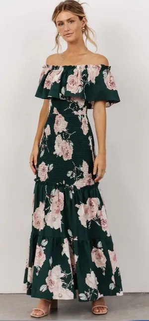 NEW Baltic Born Amalfi Smocked Maxi Dress.Dark green/ pink floral Large thumbnail 1