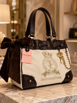 Juicy Couture Daydreamer Velour Tote Brown Cream Crown Crest NWT thumbnail 1