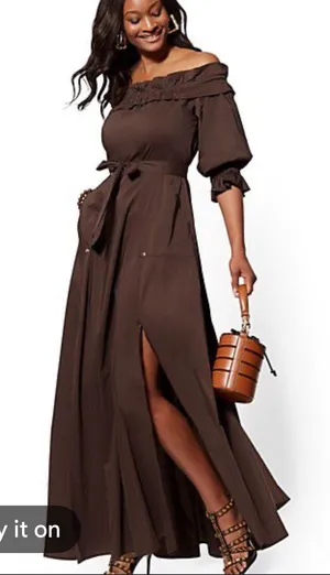 NEW New York & Co Medium Long Brown Dress Off Shoulder Front Slits Deep Pockets thumbnail 1