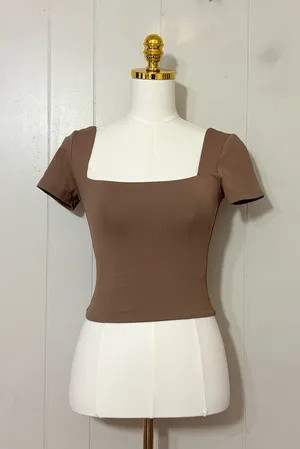Babaton Contour Square Neck T Shirt Brown Size S Fitted Short Sleeve thumbnail 1