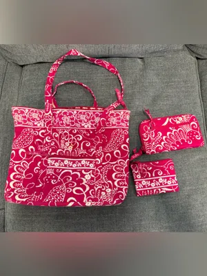 BUNDLE: Vera Bradley Pink Floral Quilted Tote with Matching Pouches thumbnail 2