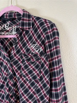 Harley Davidson Red Black Plaid Button Down Shirt Womens L Embroidered Flannel thumbnail 10