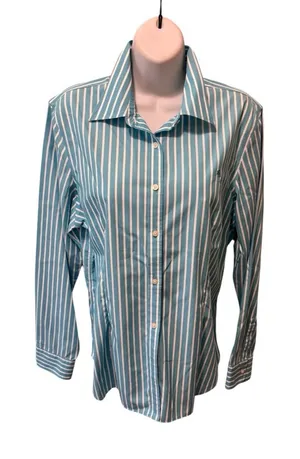 Lauren Ralph Lauren Blue White Stripe Button Down Blouse Sz L 100% Cotton Logo thumbnail 1