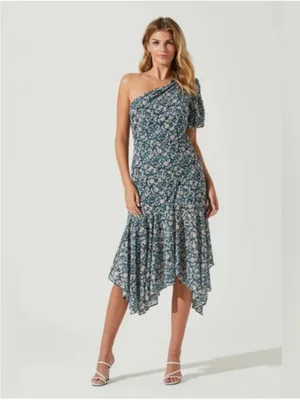 ASTR Santorini One Shouler Midi Dress Medium Blue Floral Wedding Guest Romantic thumbnail 10