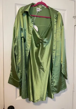 Princess Polly NWT Satin Green Slip Dress & Matching Shirt Set thumbnail 1