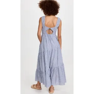 NWT Free People Juno Maxi in Ivory Blue Striped Cotton Smocked Dress S thumbnail 2