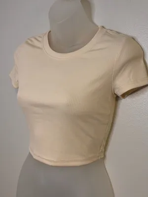 SHEIN Cream Ribbed Short Sleeve Crop Top Size Small thumbnail 1