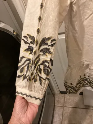 Cream Embroidered V-Neck Mini Dress with Black & Gold Motifs thumbnail 6