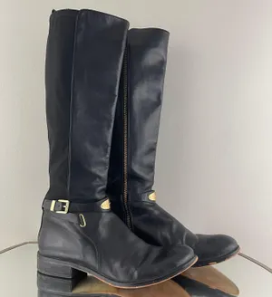 Michael Kors Black Leather Gold Hardware Buckle Arley Knee High Riding Boots thumbnail 1