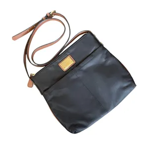 Calvin Klein Crossbody Bag Womens Medium Black Nylon Brown Trim Zip Pocket thumbnail 1