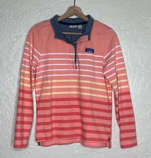 LL Bean Coral White Striped‎ Rugby Henley Shirt Long Sleeve Womens Small thumbnail 1