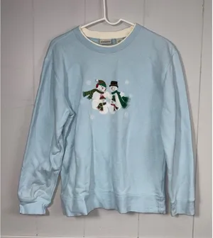 Vintage Christmas Snowman Blue Pullover Top Medium Grandmacore Winter Holiday thumbnail 1