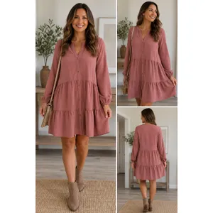 Nine West XL Dusty Rose Tiered Babydoll Tunic Dress Boho Flowy Long Sleeve thumbnail 2