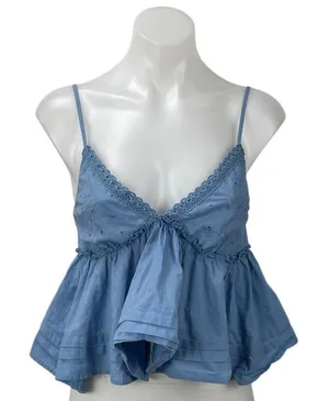 BP. Blue Lace Eyelet V Neck Sleeveless Crop Babydoll Peplum Camisole Tank Top S thumbnail 1
