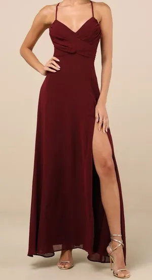 NEW Lulus Event Ready Burgundy Pleated Backless Lace-Up Sweeping Maxi Dress thumbnail 1