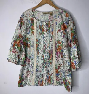 Art and Soul Button Down Peasant Floral Bohemian Pleated Lace‎ 3/4 Sleeve Top XL thumbnail 1