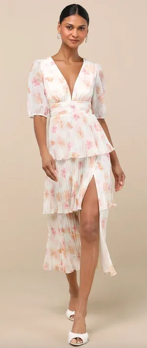 Lulus Jadia Ivory Floral Pleated Tiered Midi Dress Cocktail Party XL NWT thumbnail 1