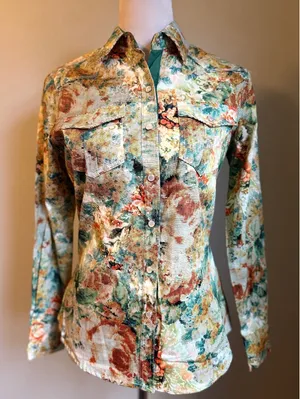 Floral dqinty Long‎ Sleeve Snap Western boho whimsi cottage Y2K Shirt S green thumbnail 1