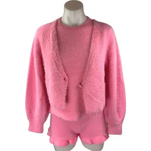 ASOS Pink Fleece Cardigan Short Sleeve T Shirt Shorts Sweater 3 Piece Set Size 2 thumbnail 3