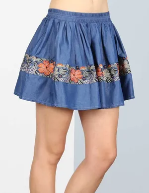 POL Jr Medium Embroidered Floral Denim Blue Jean Circle Skirt thumbnail 1