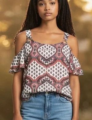 Perseption Concept Top Red Cold Shoulder Blouse Wide Strap Square Neck M Size M thumbnail 1