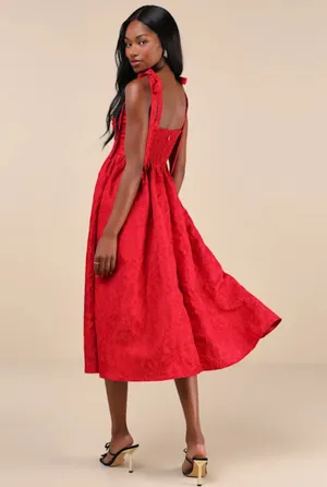 Lulus Successfully Chic Red Jacquard Pleated Tie-Strap Midi Dress thumbnail 2