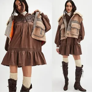 Free People Bohemian Marty Smocked Mini Dress Brown Bear Sweatshirt Tunic Medium thumbnail 3