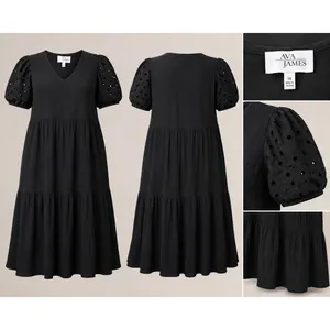 Ava James Womens 1X Black Tiered Babydoll Dress Eyelet Puff‎ Sleeve V Neck Midi thumbnail 2