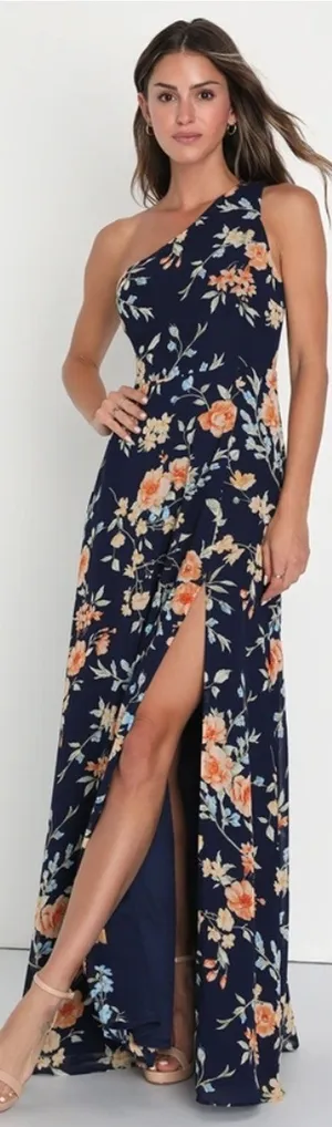 Lulus Elegant Admiration Navy Blue Floral One-Shoulder Maxi Dress Party Medium thumbnail 1
