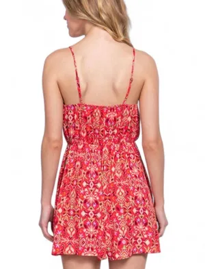 Active USA Romper Sz L Red Printed Spaghetti Adjustable Strap Elastic Waist thumbnail 3