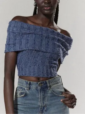 Urban Outfitters Blue Off-The-Shoulder Knit Sweater Top thumbnail 1