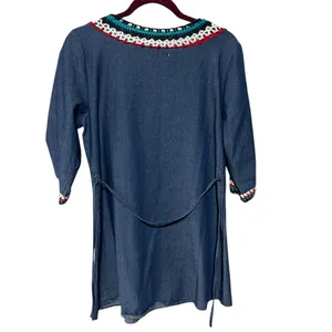 Land R Fashion Denim Dress M Blue Crocheted Trim Flowers‎ Tie Belt Resort Boho thumbnail 2
