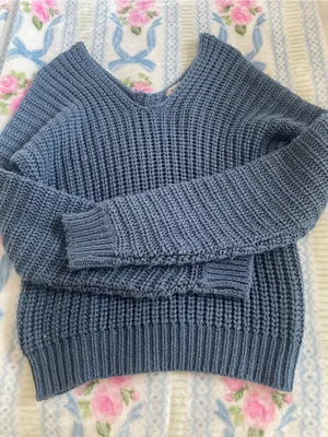 Poof Apparel Classic V-Neck Chunky Knit Sweater in Slate Blue thumbnail 1