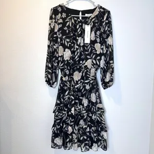 Calvin Klein Womens-XL Long Sleeve Dress with Belt & Teirs Black Floral‎ thumbnail 4