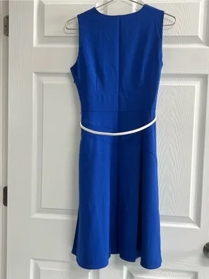 Calvin Klein Blue V-Neck A-Line Belted Lined Crepe Dress Sleeveless Size 6 VGUC thumbnail 2