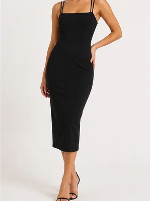 Express Double Strap Square‎ Neck Sheath Midi Dress Black Size S NWT thumbnail 3