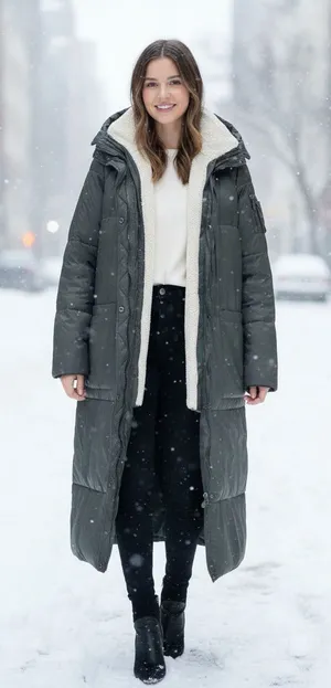 Mango Basics Long Hooded Puffer Coat Olive Green Sherpa Lined Quilted Jacket M thumbnail 1