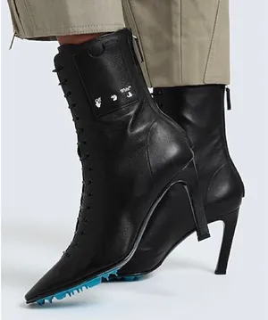 OFF-WHITE Leather Lace Up Card Holder Logo Heeled Ankle Boot Black Streetwear 36 thumbnail 1