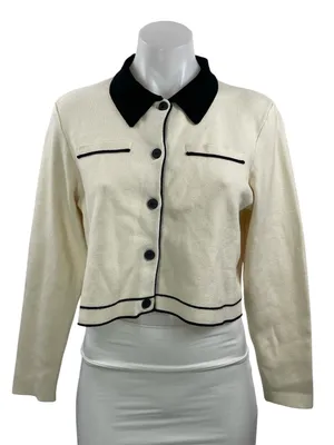 Oak + Fort Cream Black Knit Long Sleeve Button Down Cropped Cardigan Sweater M thumbnail 1