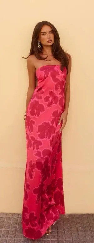 Free People Island Nectar Satin Strapless Maxi Dress Red Size XL thumbnail 1