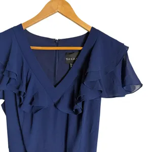 Shani Navy Blue Ruffle Trim V-Neck Flutter Sleeve Formal Evening Maxi Dress 6 thumbnail 7