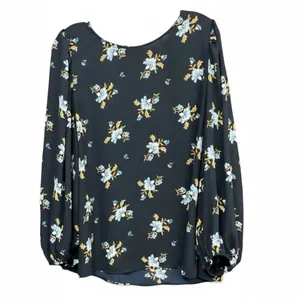 Loft Women's Size L Blouse Top Long Sleeve Blue Floral Polyester Crew Neck thumbnail 4