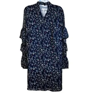 LE LIS Navy‎ Floral Long Sleeve Tiered Ruffle Trim Mini Shift Dress NWOT Large thumbnail 6