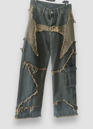 Romwe Punk Star Pattern Raw Trim Flap Pocket Cargo Boyfriend Jeans Denim Small thumbnail 3